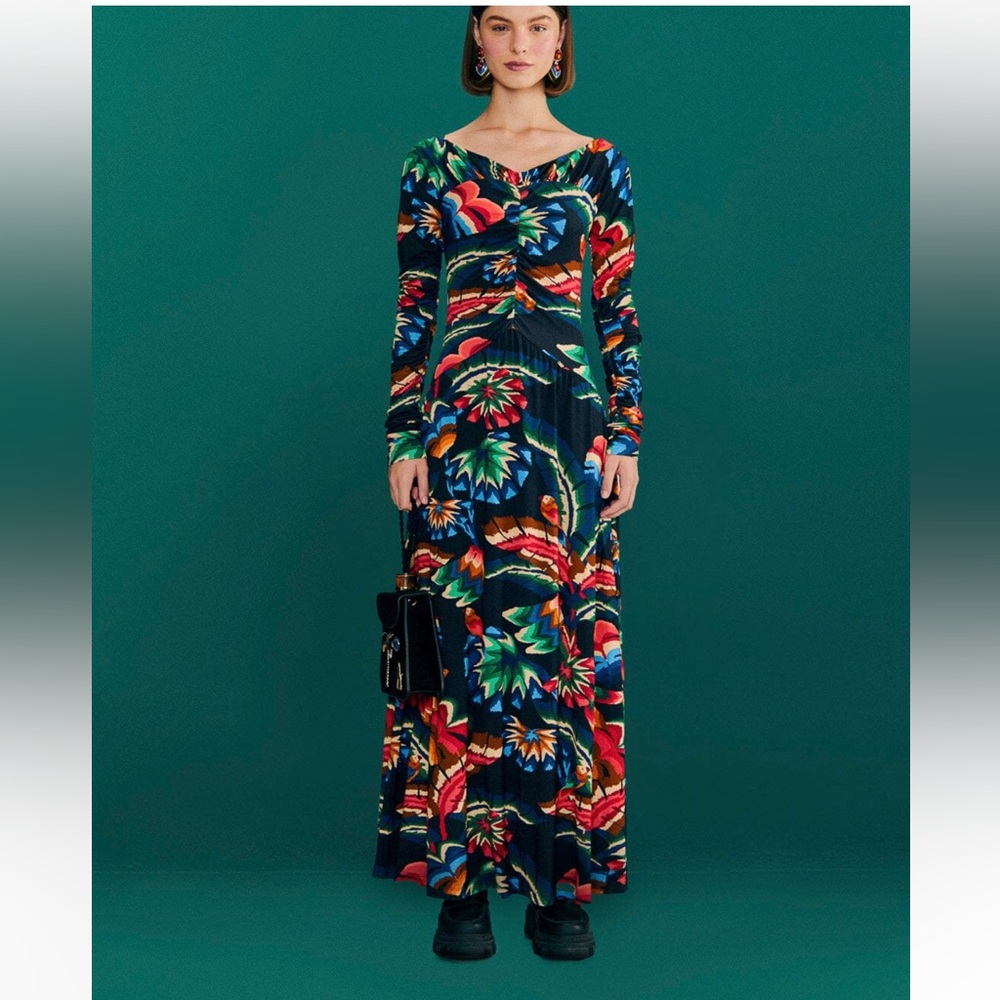 Farm Rio NWT Chevron Forest Black Jersey Dress colorful with long Sleep
